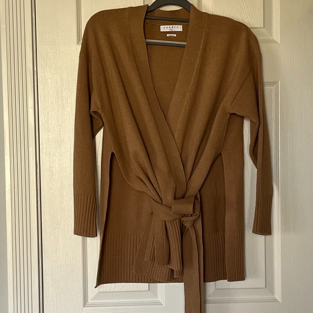 Sandro, camel wool/cashmere wrap sweater with side slits
